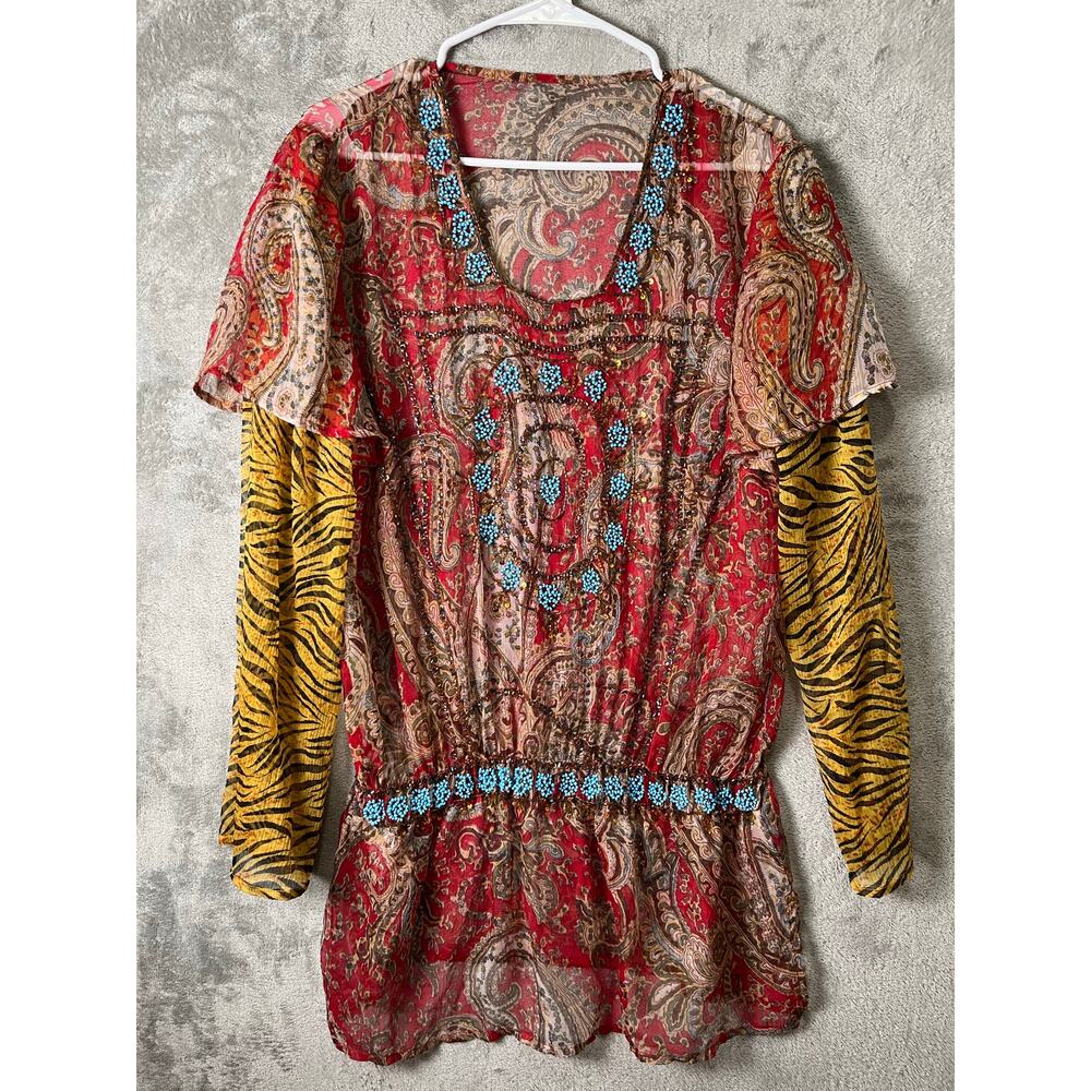 Vintage Boho Paisley Tunic Top Beaded Neckline Sheer Blouse Peasant Festival XL - Picture 1 of 6